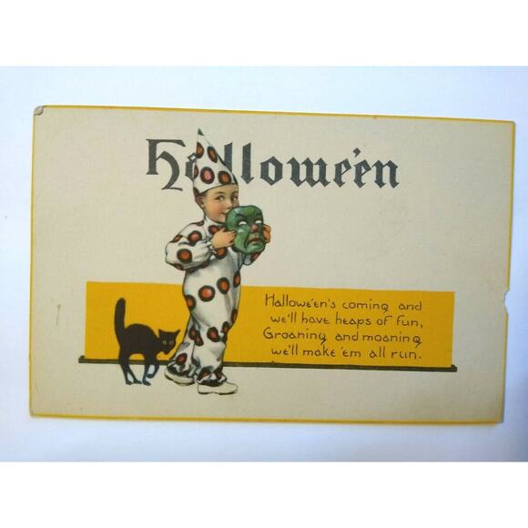 Halloween Postcard Nash Series 38 Unused Green Face Mask Boy In Costume - Picture 5 of 5